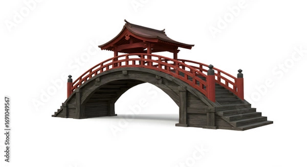 Fototapeta Serene Japanese Bridge: Captivating rendering of a traditional Japanese bridge, bathed in sunlight, an iconic symbol of Eastern culture and tranquility.