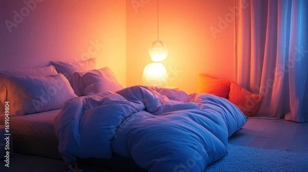 Fototapeta Cozy bedroom illuminated with warm orange and cool blue lighting creating a relaxing ambiance