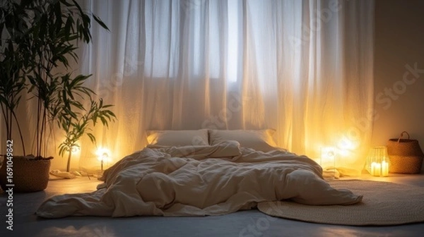Fototapeta Cozy bedroom interior with soft lighting creating a relaxing and inviting atmosphere for rest and peaceful sleep