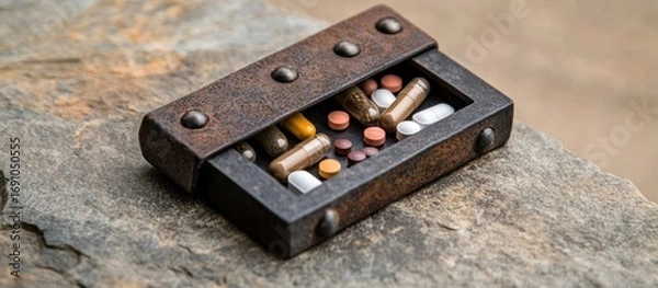 Fototapeta Assorted pills and capsules in a rustic metal box on a textured stone surface create a vintage pharmaceutical display