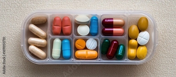 Fototapeta Colorful assortment of daily medication pills organized in a plastic pill organizer box for health management