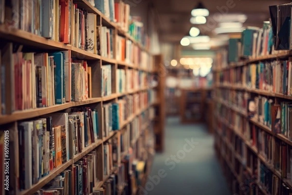 Fototapeta A library aisle lined with wooden shelves overflowing with books leads into a softly blurred background