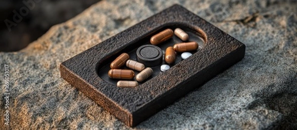 Fototapeta Assortment of capsules and pills in a rustic tray sitting on a textured stone surface in natural sunlight