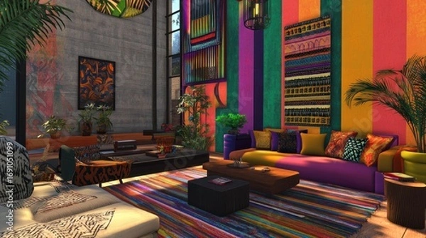 Fototapeta Vibrant living room interior with colorful striped walls and eclectic decor creating a bohemian and artistic atmosphere