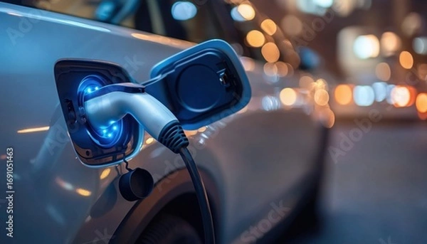 Fototapeta Power Supply Connection To Electric Vehicle For Battery Charging: The Future Of Automotive Charging Technology With Evs And Plug-In Hybrid Cars.