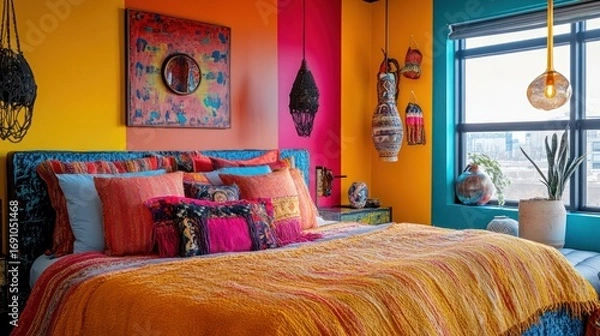 Fototapeta Vibrant bohemian bedroom with colorful walls textiles and eclectic decor creating a warm and inviting atmosphere