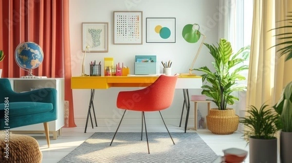 Fototapeta Bright and cheerful home office setup with colorful decor and plants creating a vibrant and productive workspace vibe