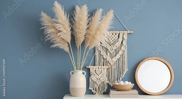 Fototapeta Pampas grass in vase with macrame and mirror