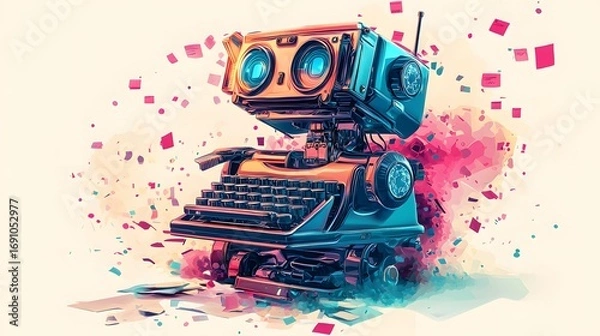 Obraz Futuristic Typewriter Robot A Whimsical Blend of Technology and Art, Adorned with Abstract Splashes of Color