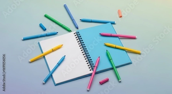 Fototapeta Open notebook with colorful markers on the table