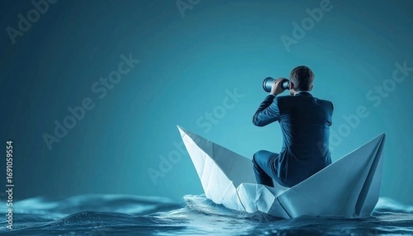 Fototapeta Visionary Businessman Leading Team On A Paper Boat, Utilizing Monocular As Symbol Of Business Leadership And Teamwork.
