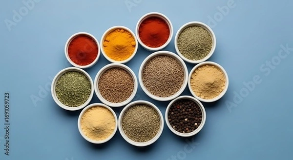 Fototapeta Various spices in bowls on a blue background