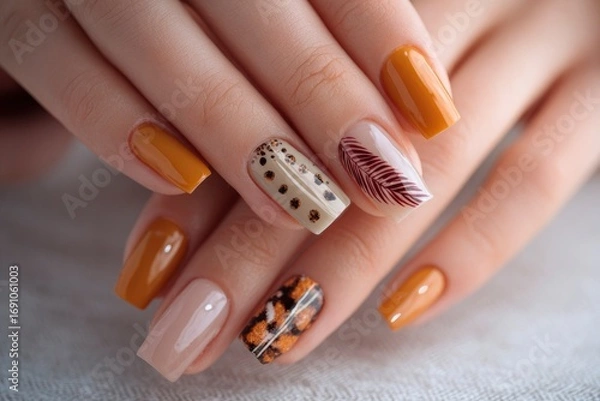 Fototapeta A closeup of manicured hands displaying various nail art designs