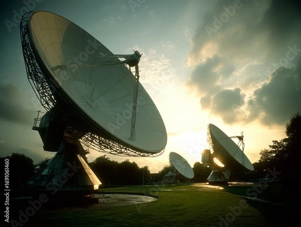 Fototapeta Three large satellite dishes, each with a unique design, placed in a grassy field. The sun is setting behind the dishes
