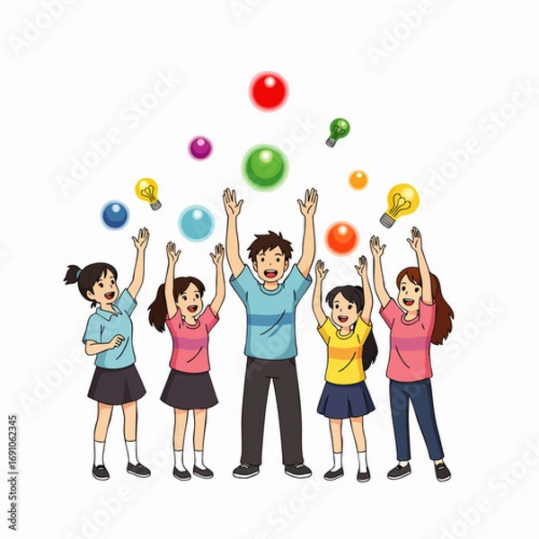 Fototapeta A cheerful group of people, including an adult and children, joyfully reaches for colorful spheres and bright lightbulbs, symbolizing innovation, learning, and success.