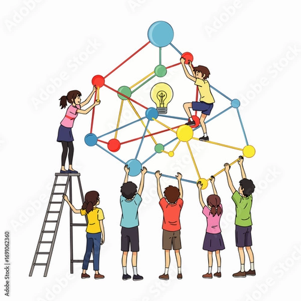Fototapeta A diverse group of individuals actively collaborates to construct a complex network of interconnected ideas, representing teamwork, problem-solving, and shared innovation.