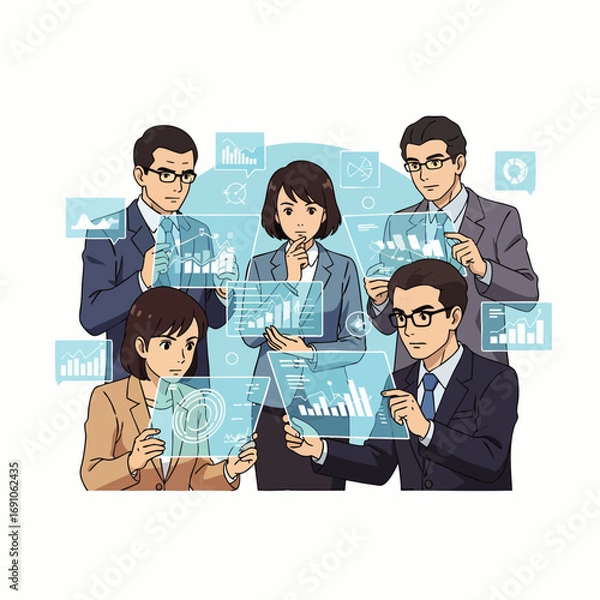 Fototapeta Five dedicated business professionals engage with advanced holographic interfaces, meticulously analyzing crucial data for strategic planning and future-oriented project development.