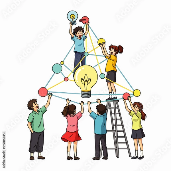 Fototapeta Illustrative depiction of a diverse team working in unison to build a complex structure of interconnected ideas, representing successful collaboration and innovative thinking.
