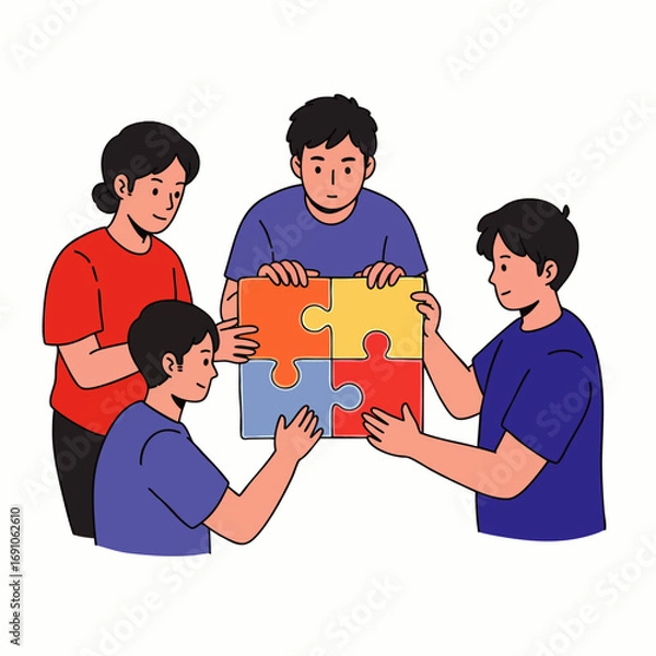 Fototapeta A diverse group of individuals, including adults and children, collaboratively assemble a vibrant four-piece jigsaw puzzle, symbolizing unity and shared problem-solving efforts.