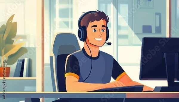 Fototapeta Expert Male Customer Service Operator Provides Global Technical Support 24/7 To Clients, Ensuring Ultimate Customer Satisfaction And Assistance.