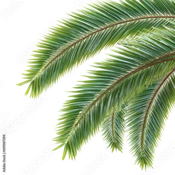 Fototapeta A realistic palm tree leaf, with its fronds gently swaying in the breeze against a white background.