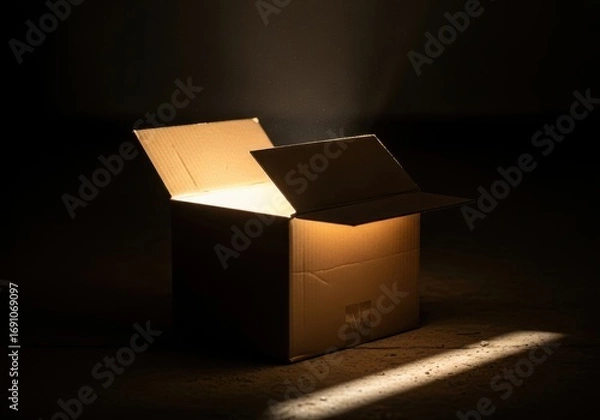 Fototapeta An open cardboard box with a mysterious light shining from within, casting a beam of hope in the darkness