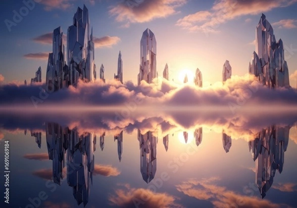 Fototapeta A breathtaking view of a futuristic city floating above the clouds with a stunning reflection on the water surface