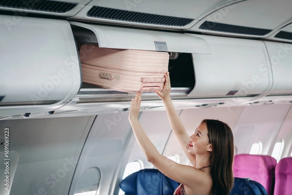 Fototapeta Woman passenger traveler placing pink suitcase luggage overhead bin storage airplane cabin secure belongings preparing flight vacation journey trip destination