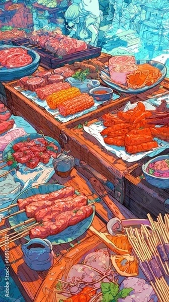 Fototapeta A plate of grilled meat, sausages, and corn on sticks