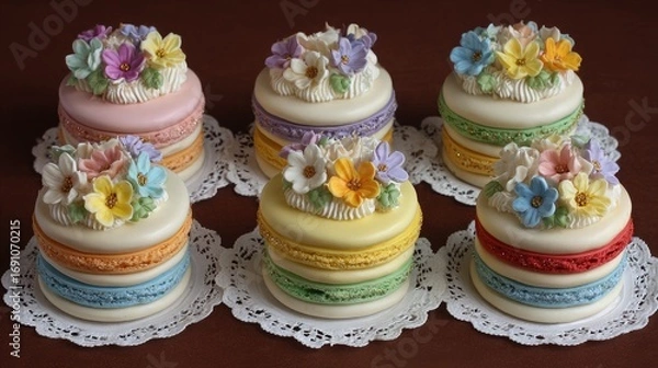Fototapeta A rainbow of macarons with colorful frosting and decorative sugar flowers