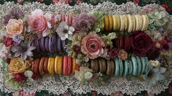 Fototapeta A rainbow of macarons with colorful frosting and decorative sugar flowers