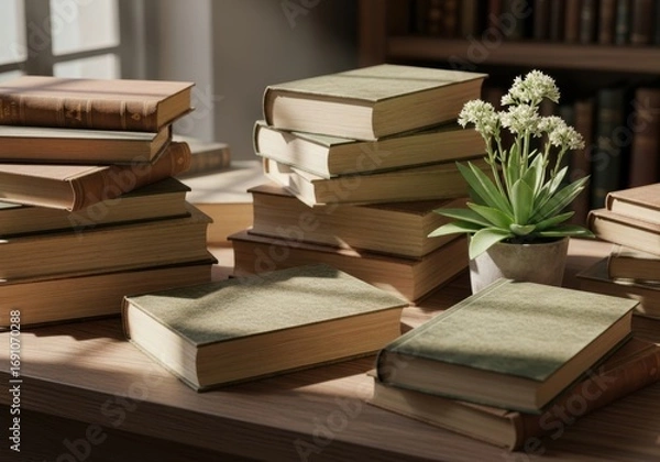 Fototapeta Stacks of old books with a flower pot on a wooden table in a room filled with sunlight from the window