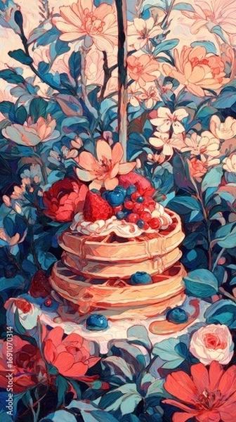 Fototapeta A stack of waffles with blueberries and cream