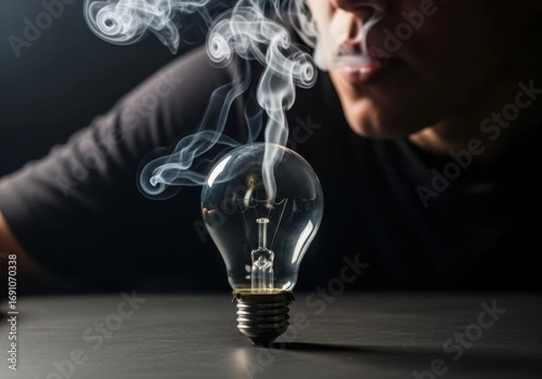Fototapeta A person blowing smoke into a lightbulb to represent an idea, innovation, and creativity in the studio