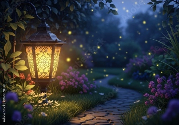 Fototapeta A lantern illuminating a garden path at night with fireflies, creating a magical and romantic atmosphere