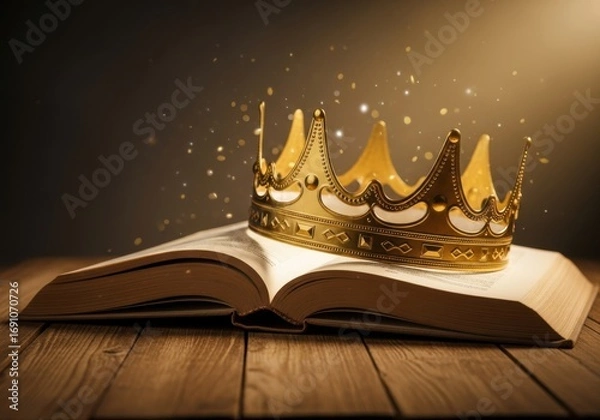 Fototapeta Golden crown resting on an open book with magical sparkles on a wooden table, symbolizing royalty and storytelling