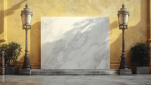 Obraz Elegant blank marble backdrop with antique streetlights and greenery for product display