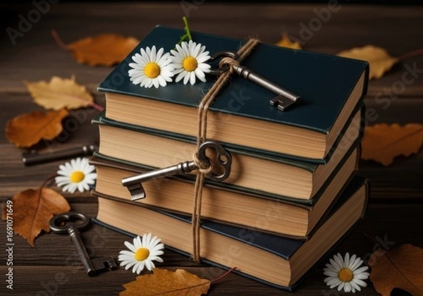 Fototapeta A stack of old books tied with keys and adorned with daisies creates a vintage and nostalgic still life