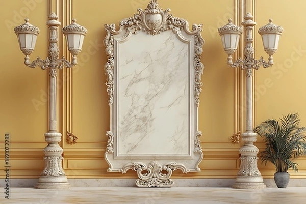 Obraz Elegant marble display with ornate frame and architectural details creates luxurious backdrop