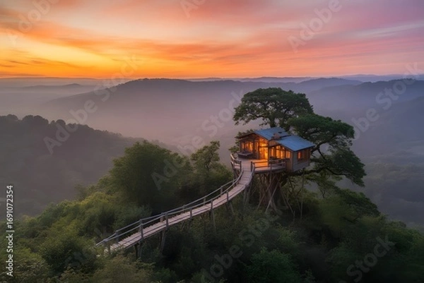 Fototapeta Treehouse on a hilltop with a bridge at sunrise in sylhet, bangladesh