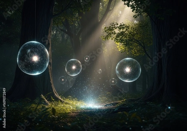 Fototapeta Enchanting forest scene with glowing orbs hanging from trees, illuminated by sun rays and a magical, dreamy atmosphere