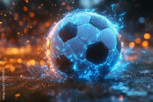 Obraz Dynamic soccer ball exploding with energy and water droplets, perfect for sports advertising