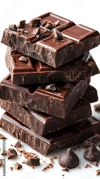 Obraz Delicious dark chocolate pieces stacked high with chocolate chips perfect for dessert cravings