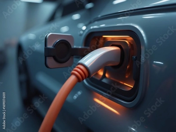 Fototapeta オレンジ色のケーブルで電気自動車を充電する様子 暗いガレージ 白い車体 クローズアップ