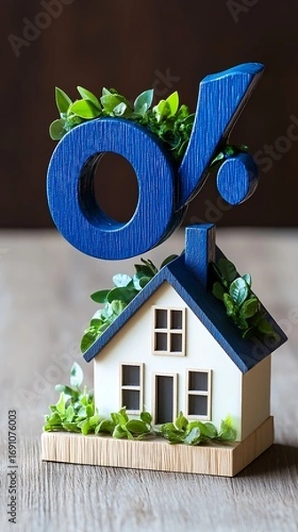 Obraz Homeownership concept with percentage symbol and house, symbolizing mortgage rates and real estate.
