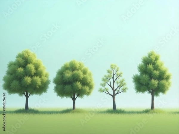 Fototapeta 四本の木が並ぶ牧草地の穏やかな風景と、柔らかなパステルグリーンの背景