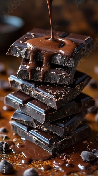 Obraz Rich dark chocolate squares stacked with melted ganache, perfect for dessert or indulgence