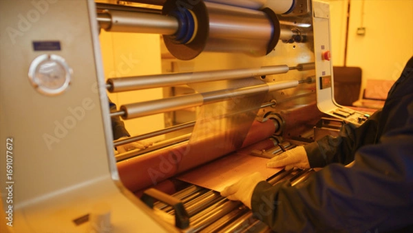 Fototapeta Gloved factory worker operating an industrial lamination machine, processing copper foil for electronic components in a high tech manufacturing environment