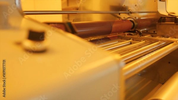 Fototapeta Rotating rollers and conveyor belts process flexible material inside a factory, showcasing industrial automation and manufacturing processes