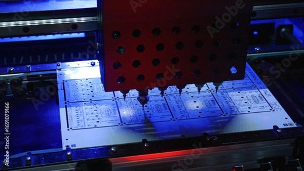Fototapeta Automated machine precisely placing components onto a circuit board, illuminated by blue and red lights, in a modern electronics factory, showcasing advanced manufacturing processes